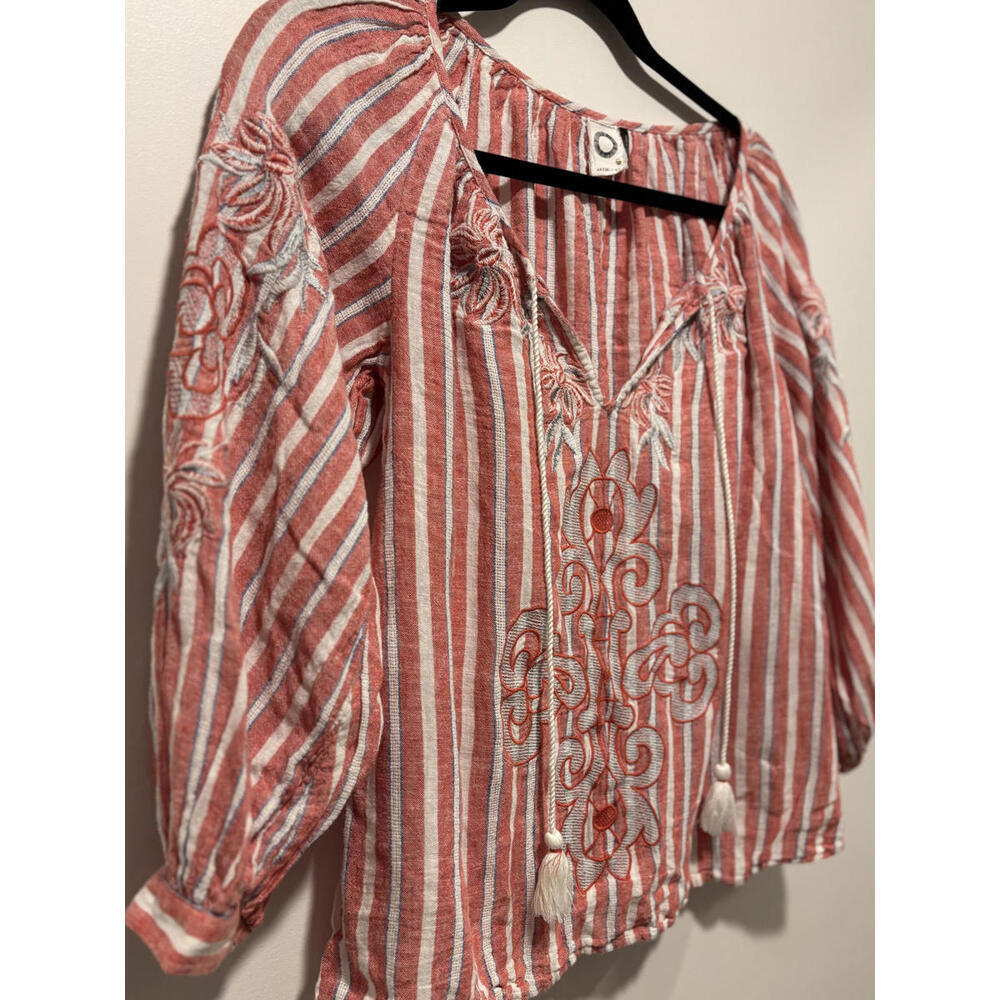 Anthropologie Striped Embroidered Boho Blouse Tassels XS - Picture 3 of 7